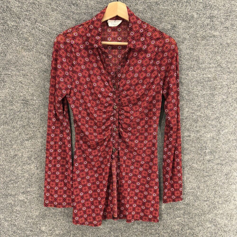 Ember Shirt Women M Medium Red Geometric Button Up Collared Long Sleeve Casual